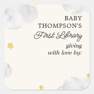 Baby's First Library Bookplate Neutral Clouds Square Sticker