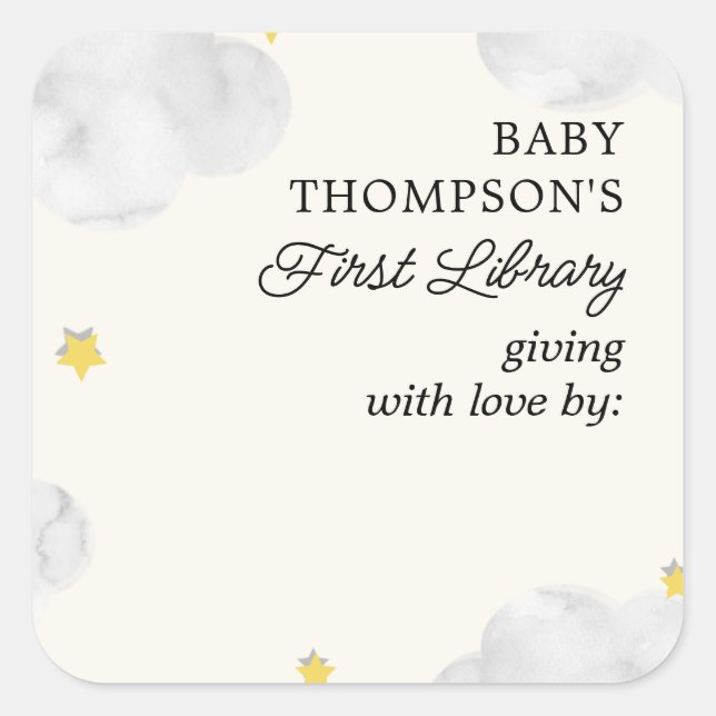 Baby's First Library Bookplate Neutral Clouds Square Sticker (Front)