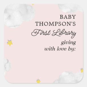 Baby's First Library Bookplate Pink Clouds Square Sticker