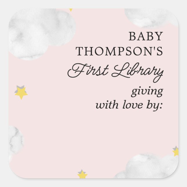 Baby's First Library Bookplate Pink Clouds Square Sticker (Front)