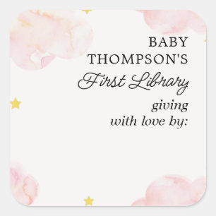 Baby's First Library Bookplate Pink Clouds Square Sticker