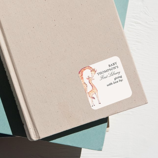 Baby's First Library Bookplate Safari Giraffe Square Sticker (Creator Uploaded)