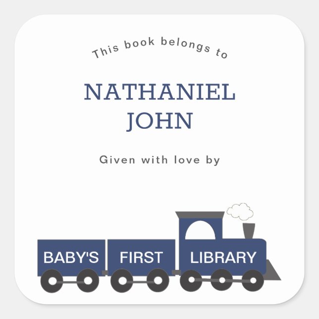 Baby's First Library Train Boy Bookplate Square Sticker (Front)