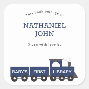 Baby's First Library Train Boy Bookplate Square Sticker