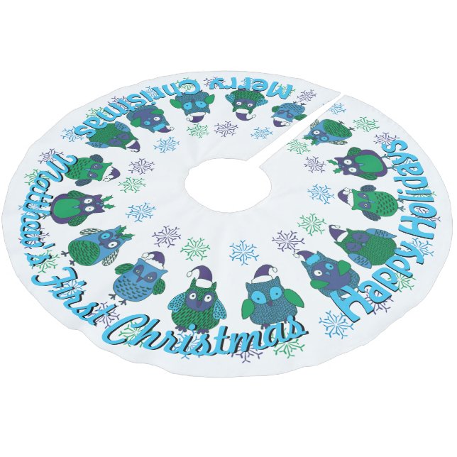 Baby's First Retro Santa Owls YOUR NAME Tree Skirt (Angled)