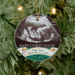 Baby's First Selfie (green background) Ceramic Tree Decoration