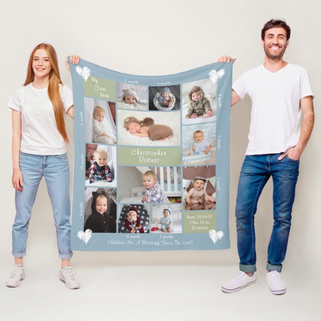 Baby's First Year 12 Photo Collage Hearts Script Fleece Blanket (In Situ)