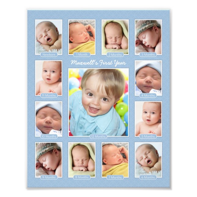 Babys First Year Blue Keepsake Photo Collage Print (Front)