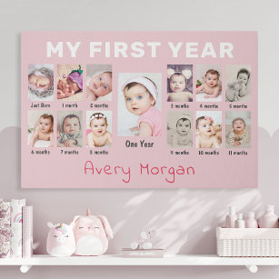 Baby's First Year Custom 12 Months Photo Collage Faux Canvas Print