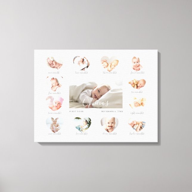 Baby's First Year Heart Photo Keepsake Collage Canvas Print (Front)