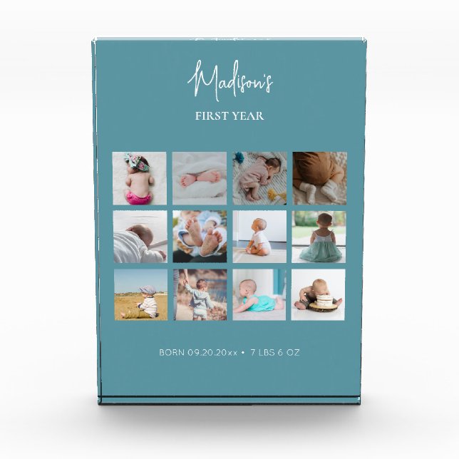 Baby's First Year Photo Collage Birth Stats Blue  (Front)