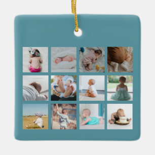 Baby's First Year Photo Collage Birth Stats Blue Ceramic Ornament
