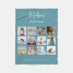 Baby's First Year Photo Collage Birth Stats Blue  Fleece Blanket