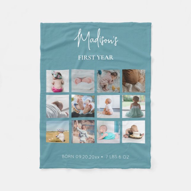 Baby's First Year Photo Collage Birth Stats Blue  Fleece Blanket (Front)