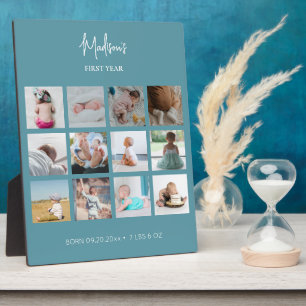 Baby's First Year Photo Collage Birth Stats Blue  Plaque