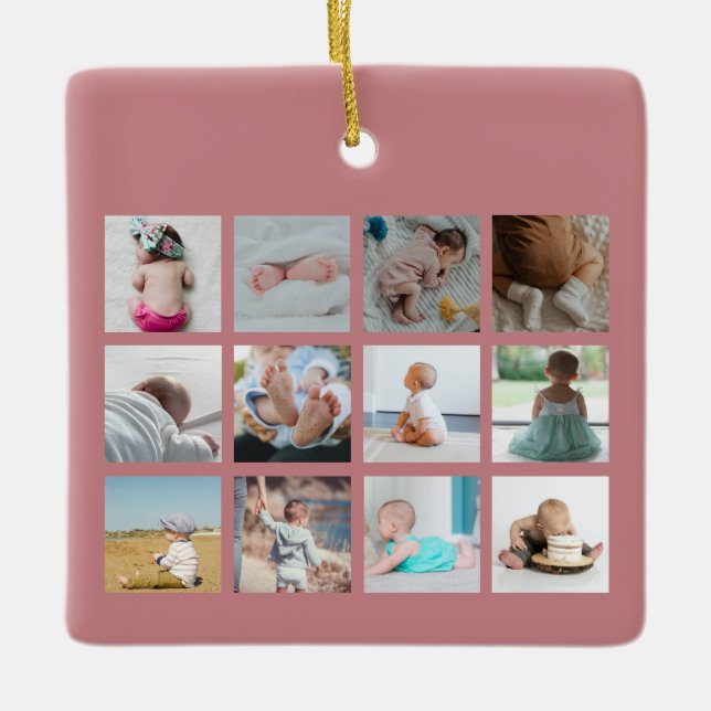 Baby's First Year Photo Collage Birth Stats Pink  Ceramic Ornament (Front)