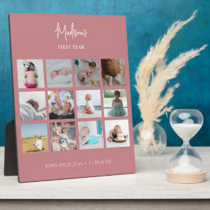 Baby's First Year Photo Collage Birth Stats Pink  Plaque