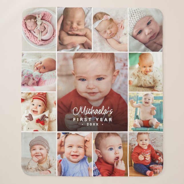 Baby's First Year Photo Collage Sherpa Blanket (Front)