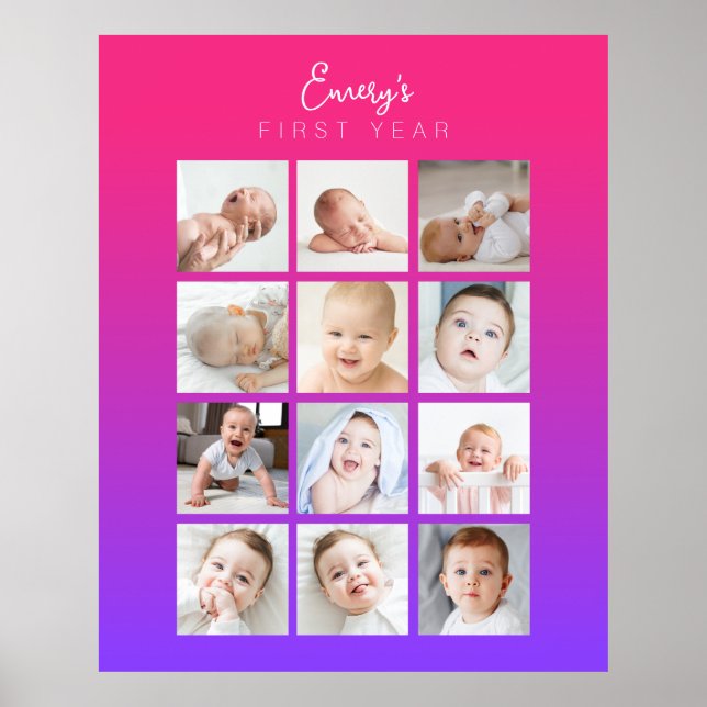 Baby's First Year Photo Poster Monthly Purple Pink (Front)