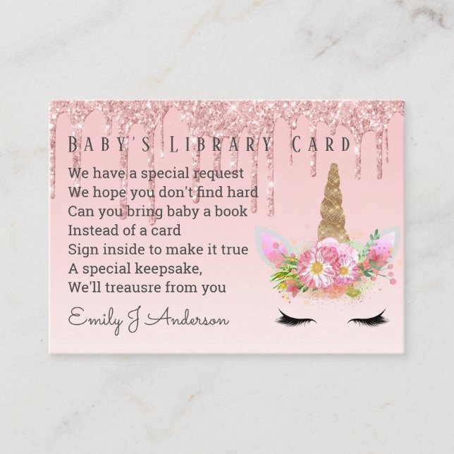 Babys Library Book Request Card Pink Unicorn (Front)
