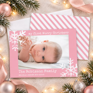 Baby's My First Christmas Photo Pink Snowflake  Holiday Card