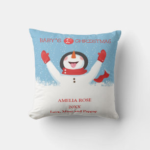 Babys Name First Christmas Snowman Cushion
