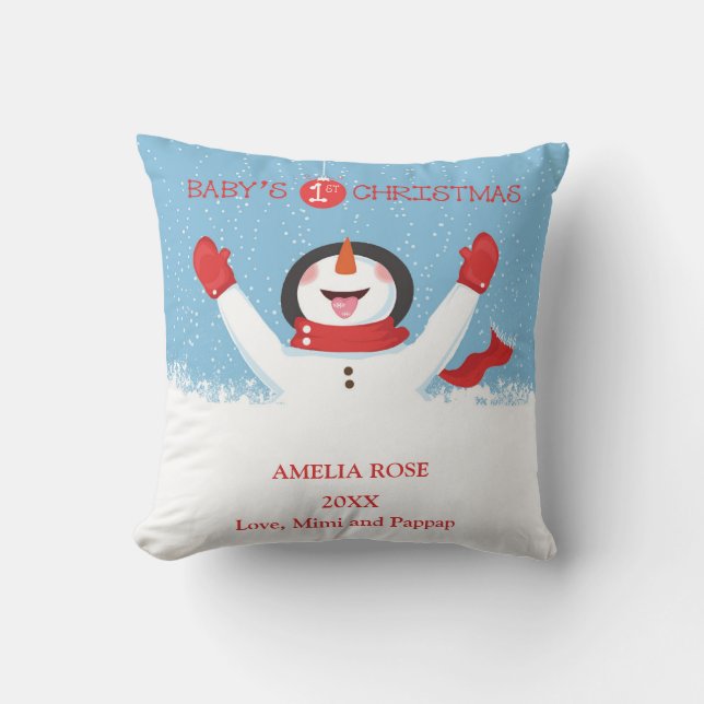 Babys Name First Christmas Snowman Cushion (Front)