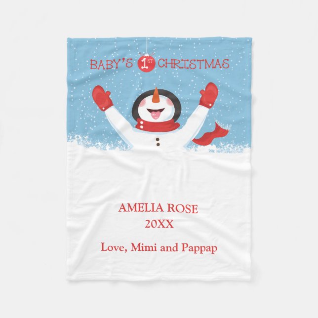 Babys Name First Christmas Snowman Fleece Blanket (Front)
