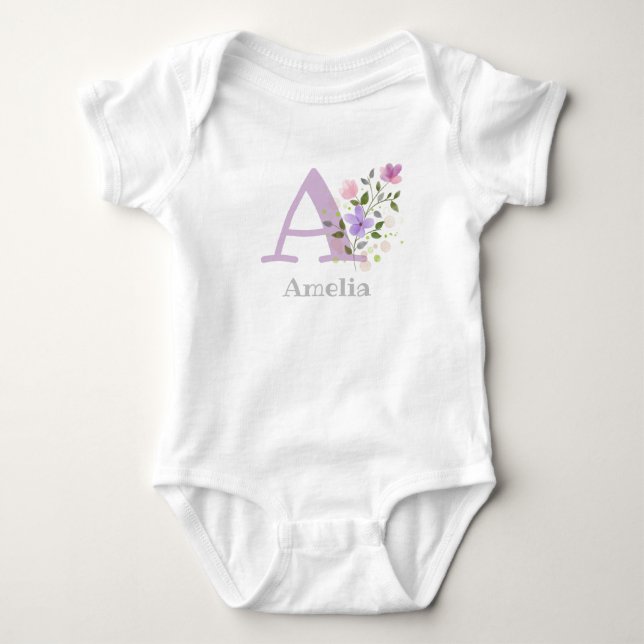 Baby's Name & Initial with Flowers Baby Bodysuit (Front)
