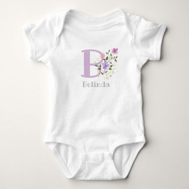 Baby's Name & Initial with Flowers Baby Bodysuit (Front)