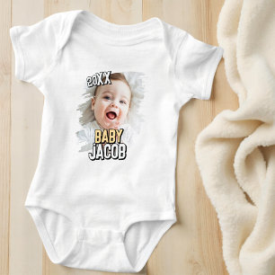 Baby's Name Modern Simple Grunge Custom Baby Photo Bodysuit