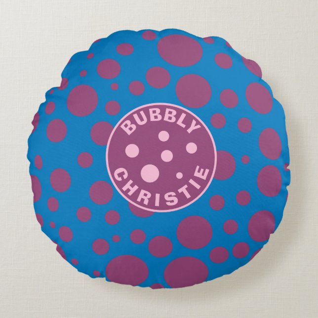 Baby's Name Purple Polka Dots Bubbly Blue Trippy Round Cushion (Front)