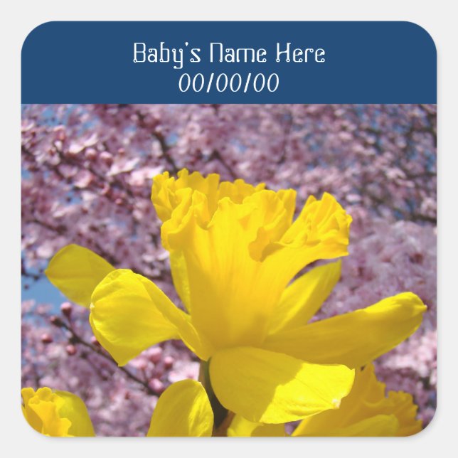 Baby's Name stickers Birth Date Daffodil Flowers (Front)