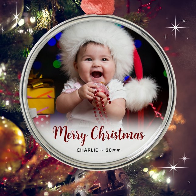 Baby's Photo and Text Christmas Keepsake Metal Tree Decoration (Customize with a name and year. Merry Christmas!)