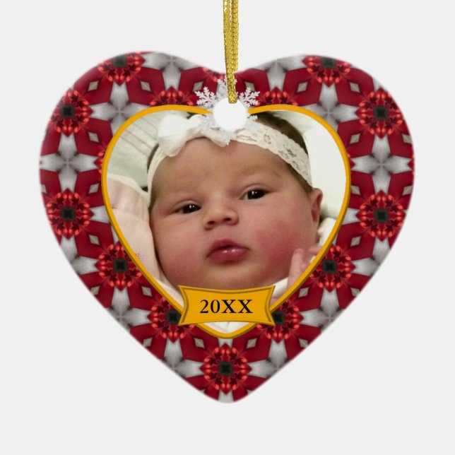 Baby's Photo Keepsake Red Christmas Pattern Ceramic Tree Decoration (Front)
