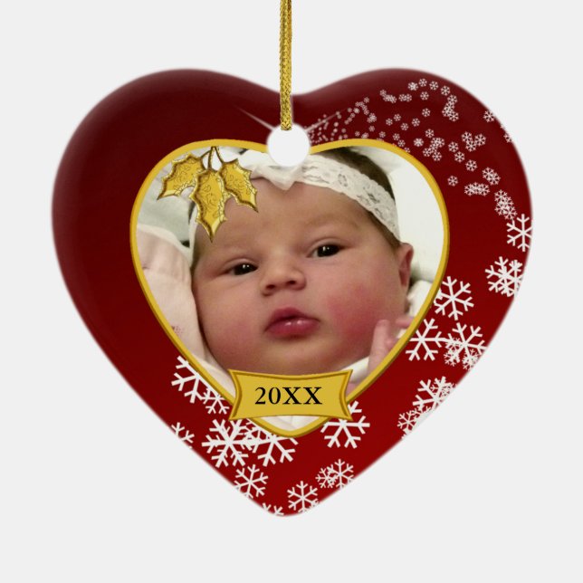 Baby's Photo Keepsake Red Snowflake Christmas Ceramic Tree Decoration (Back)