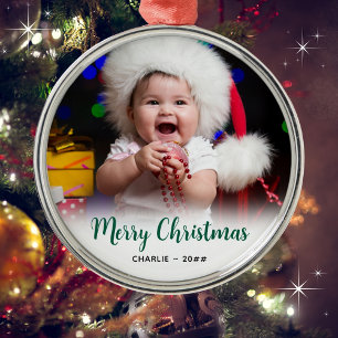 Baby's Photo   Text Christmas Keepsake Metal Tree Decoration