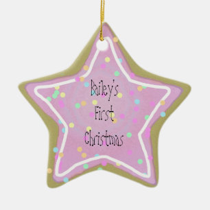 Baby's Pink Star Cookie with Sprinkles 1st - Ceramic Tree Decoration