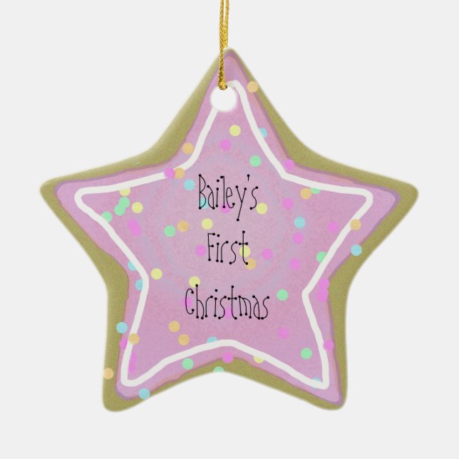 Baby's Pink Star Cookie with Sprinkles 1st  - Ceramic Tree Decoration (Front)