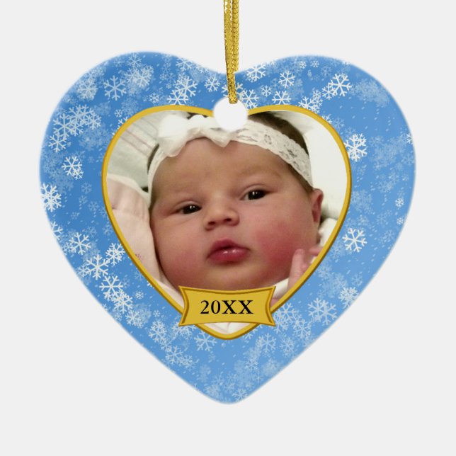 Baby's Snowy Blue Photo Keepsake Christmas Ceramic Tree Decoration (Front)
