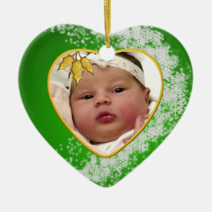 Baby's Snowy Green Photo Christmas Heart Ceramic Tree Decoration