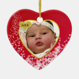 Baby's Snowy Red Photo Heirloom Christmas Ceramic Tree Decoration