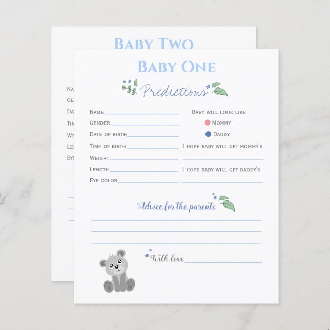 Babyshower baby predictions rustic twin boy theme (Front/Back)