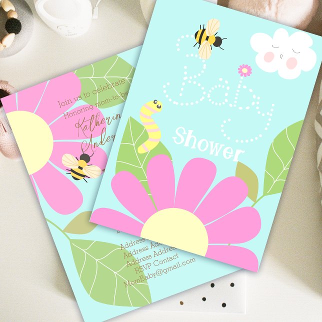 Babyshower Honey Bee Blue Announcement (Cute and fun honey bee with flower, cloud and worm design.)