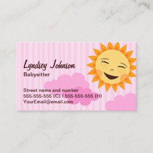 Babysitter business card, pink with cute sun business card