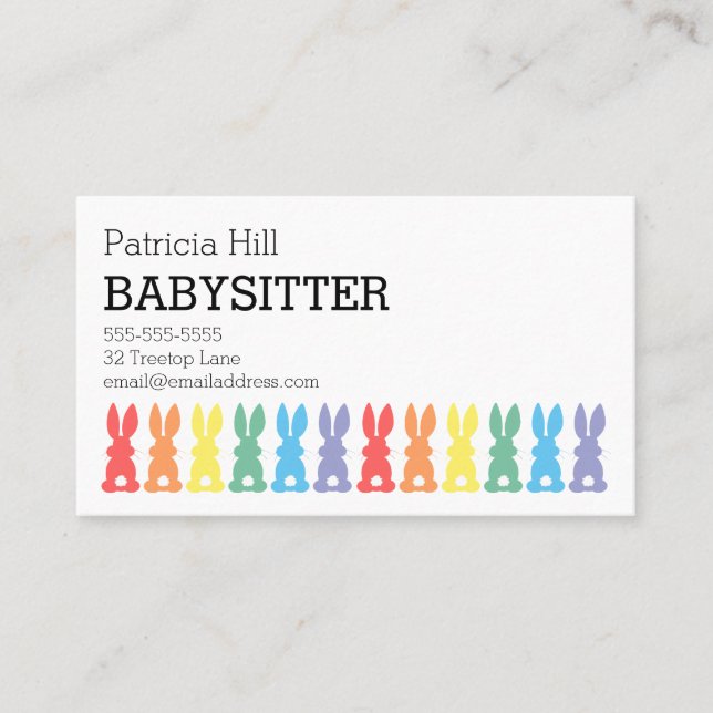Babysitter Childcare Rainbow Bunny Silhouette Cute Business Card (Front)