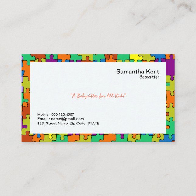 Babysitter Colourful Jigsaw Borders Business Card (Front)