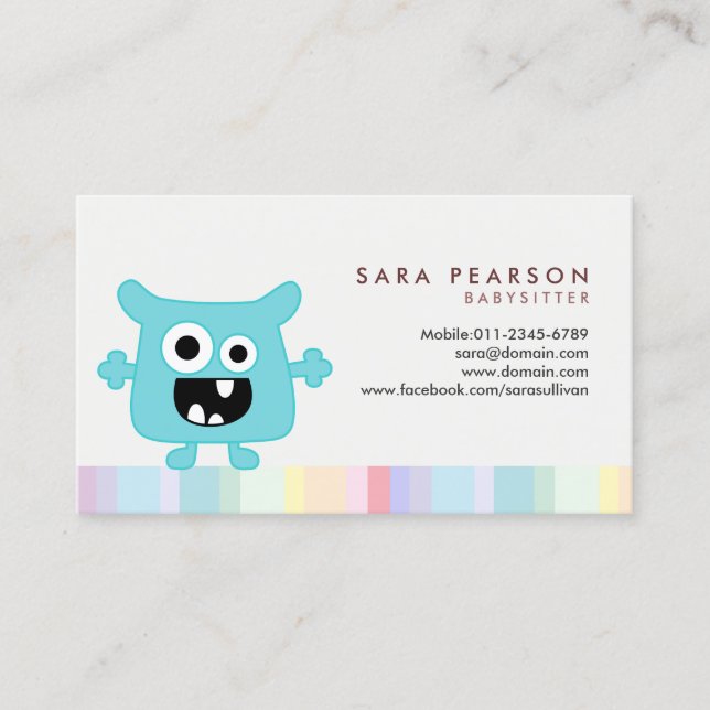 Babysitter Cute Cyan Monster Alien Business Card (Front)
