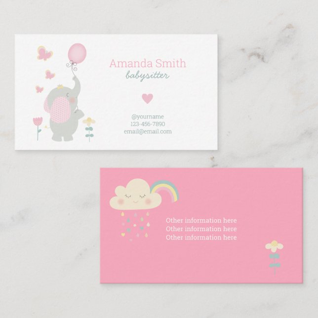 Babysitter Cute Elephant Babysitting Service Business Card (Front/Back)