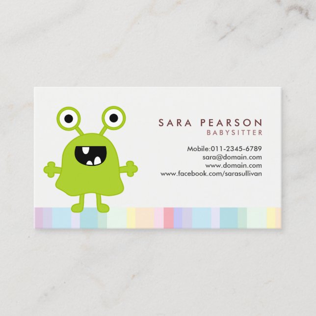 Babysitter Cute Green Monster Alien Business Card (Front)